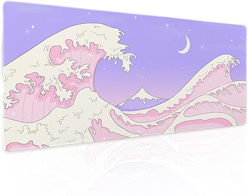 Alfombrilla de mouse para juegos de anime japonés rosa y morado, XL, bonita alfombrilla de escritorio Kawaii estética de olas marinas extendida,
