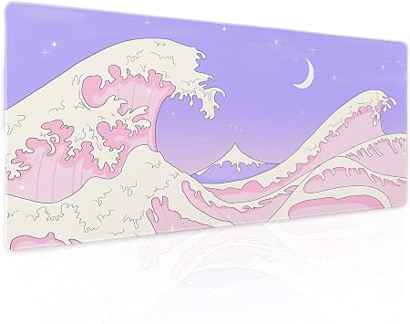 Pink Purple Japanese Anime Gaming Mouse Pad XL Cute Kawaii Aesthetic Sea Wave Extended Large Desk Mat Non-Slip Rubber Base Stitched Edge Long Keyboard Mousepad for PC Computer Laptop,31.511.8 in