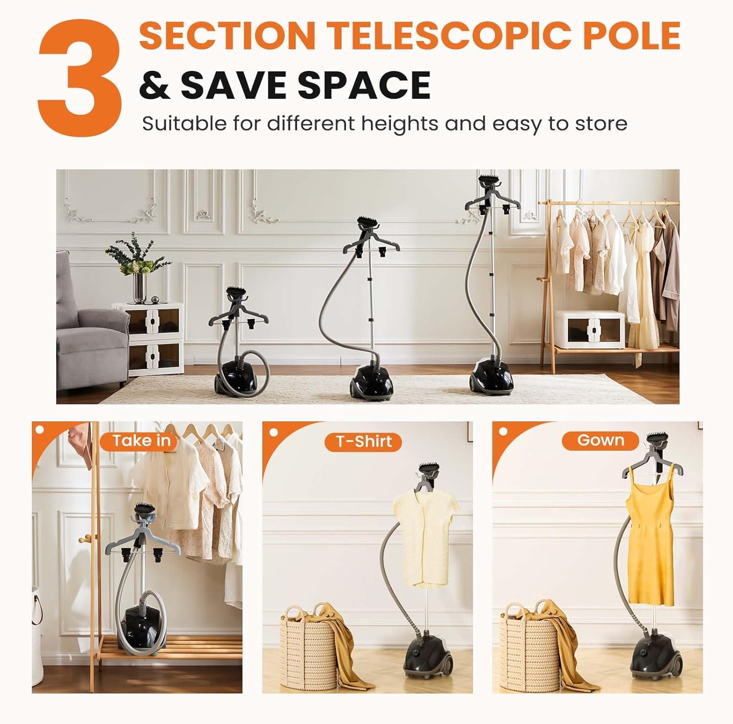 EDX Professional Standing Garment Steamer, 1500W with Wheels, 1.7L Tank for 55 Min Continuous Steam, Fast Heat (Black)