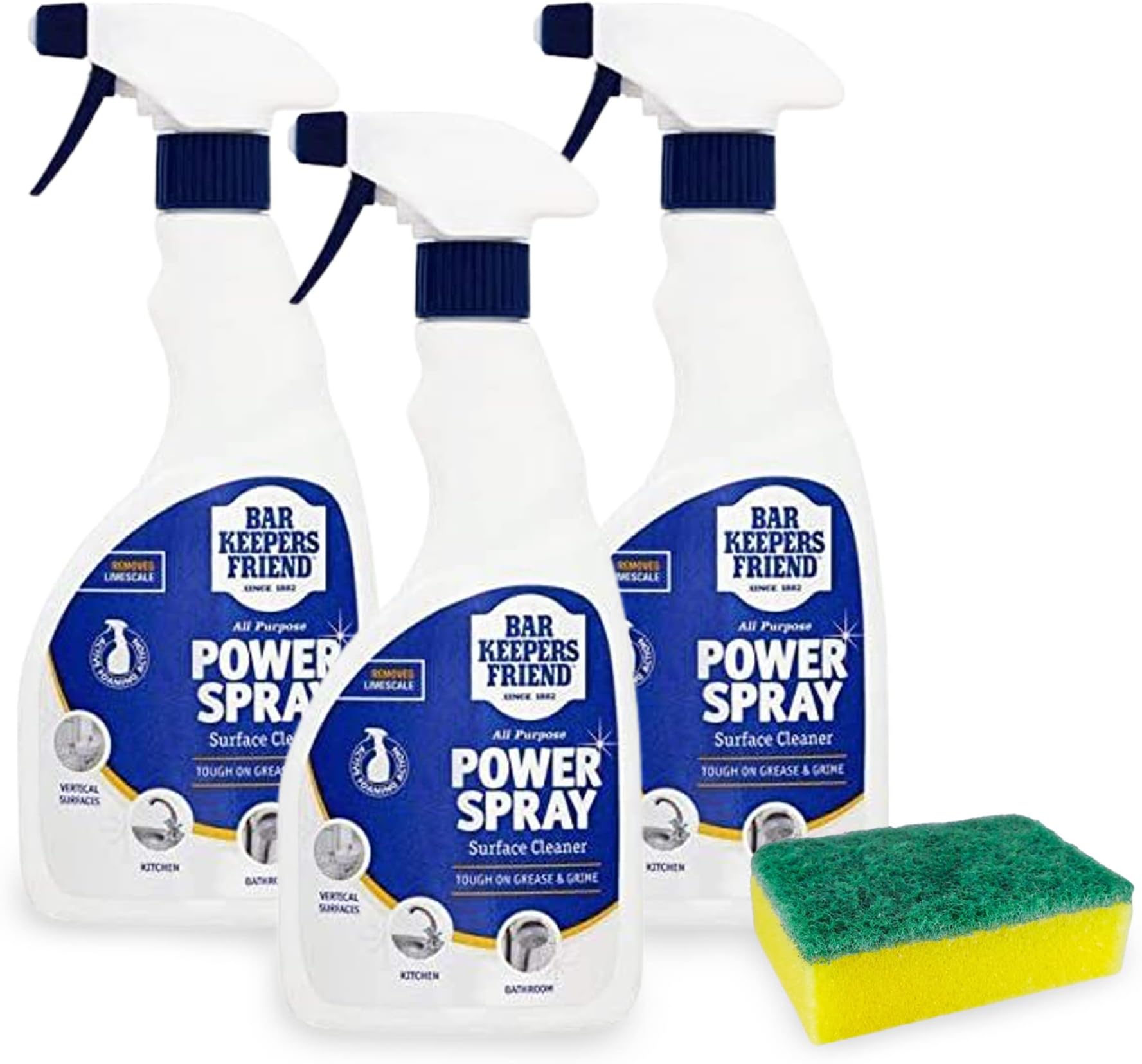 All-purpose Stain Remover Spray (Multi Pack) - Bar Keepers Friend Stain Remover Power Spray and a Cleaning Sponge | Barkeeper's Friend Multi-Surface Foaming Cleaner Removes Grease, Grime, Limescale