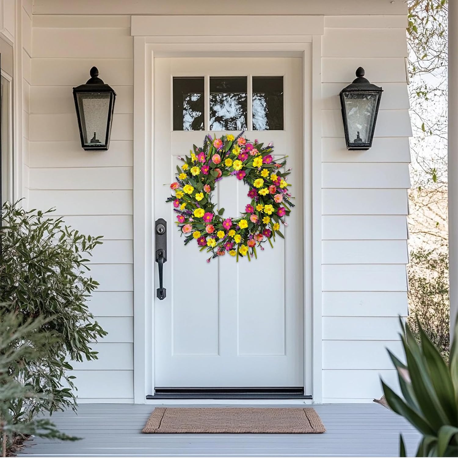 24 Inch Handmade Flower Wreath for Front Door, Spring Summer Wreath with Yellow Pink Purple Daisies,Lavender, Farmhouse Floral Wreaths with Eucalyptus Leaves for Indoor Outdoor Porch Home Decor
