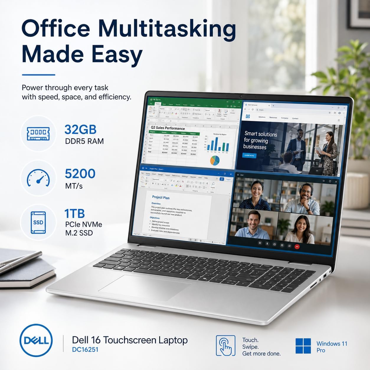 Dell 16 DC16251 Touchscreen Laptop, 32GB DDR5, 1TB SSD, Intel Core 7 150U image 3
