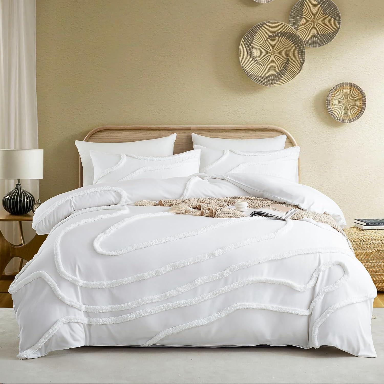 Cupocupa Queen Comforter Set Beige Tufted Comforters Sets Bedding for Queen Bed 3PCS Boho Comforter Soft Fluffy Lightweight Comforter with 2 Pillow Cases for All Season - Image 2