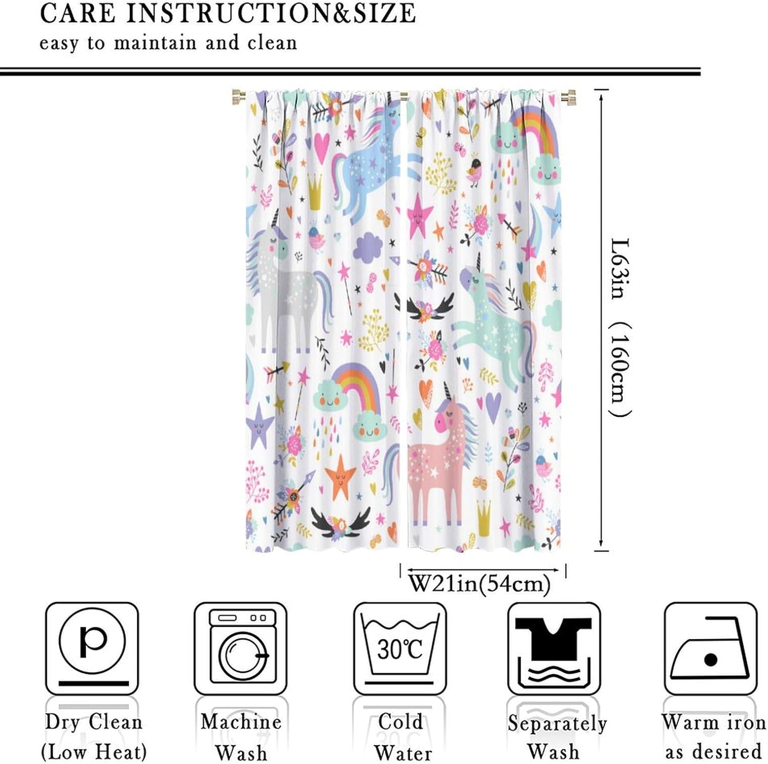 Unicorn Blackout Curtains for Kids Room Cute Cartoon Rainbow Window Curtains for Girls Bedroom Colorful Unicorns Window Drapes for Living Room Set 2 Panels,42x63 Inches