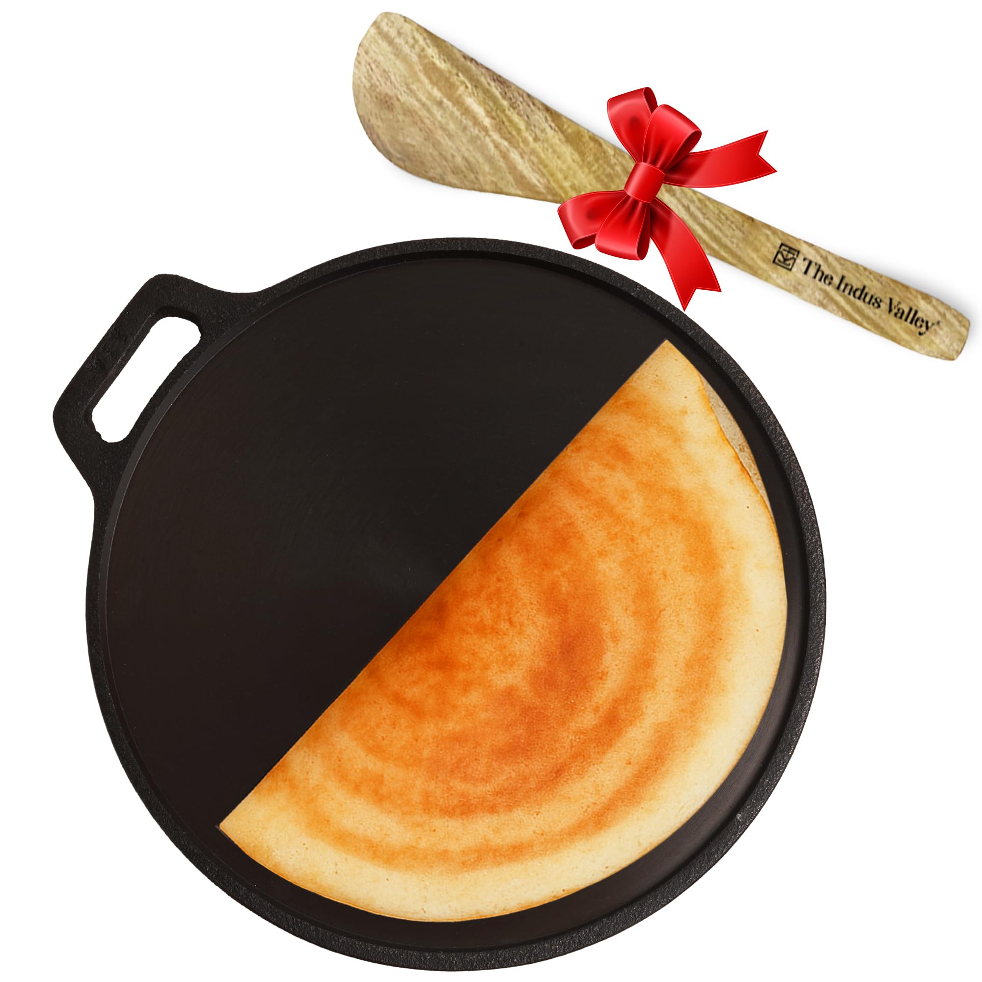 The Indus Valley Super Smooth Cast Iron Tawa for Dosa/Chapathi + Free Wooden Spatula | 30cm/12 inch, 2.3kg | Induction Friendly | Naturally Nonstick, 100% Pure & Toxin-Free, No Chemical Coating