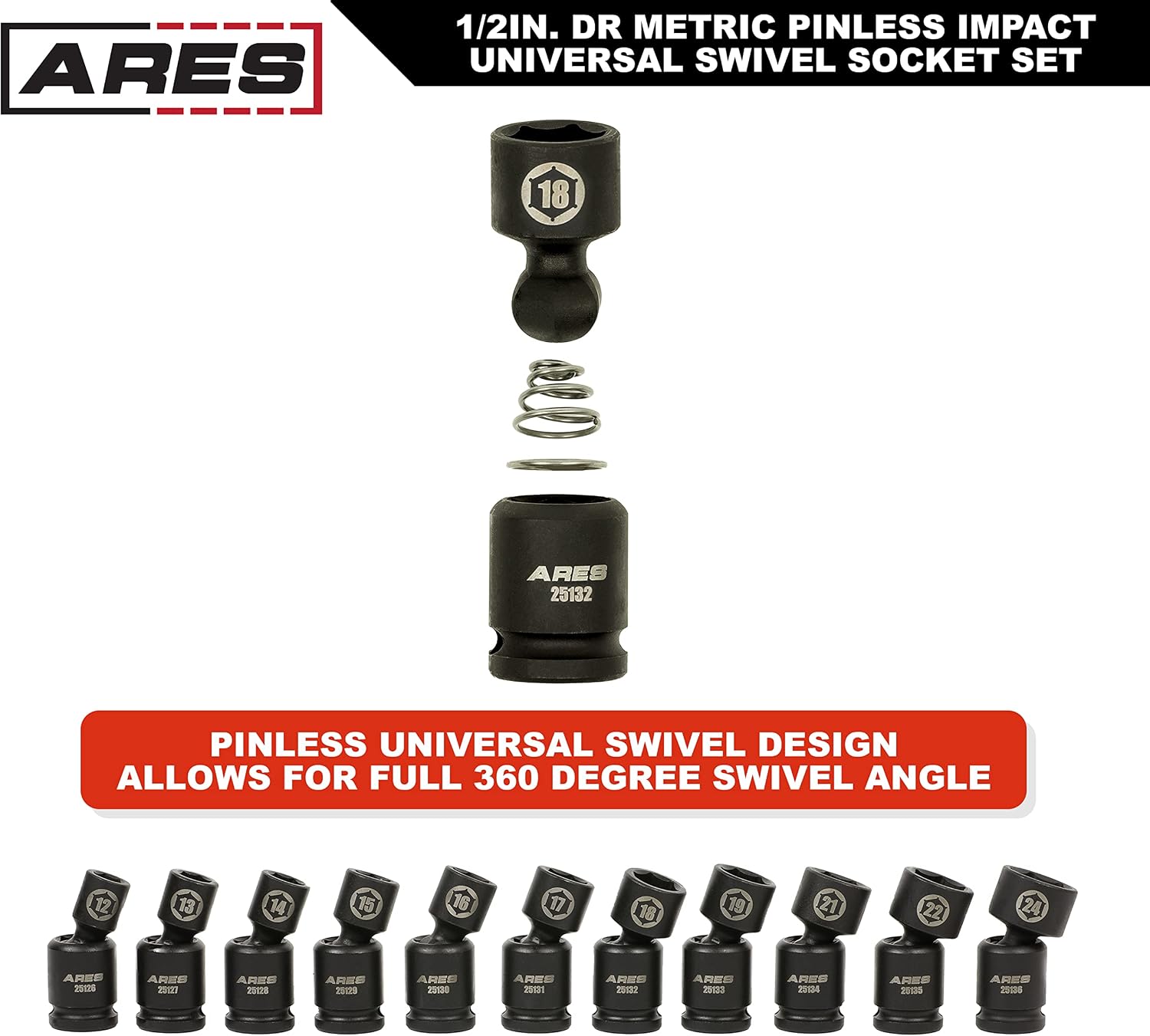 ARES 25125-11-Piece Metric Pinless Universal Swivel Impact Socket Set - 1/2-Inch Drive Swivel Impact Sockets Access Hard to Reach Fasteners – Pinless Design Allows for Smooth Full 360 Degree Action