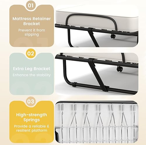 Miniatura 7 de Giantex Cama plegable con colchón, cama plegable para invitados con colchón de 4 pulgadas y 4 ruedas, cama plegable portátil para adultos, ahorro de