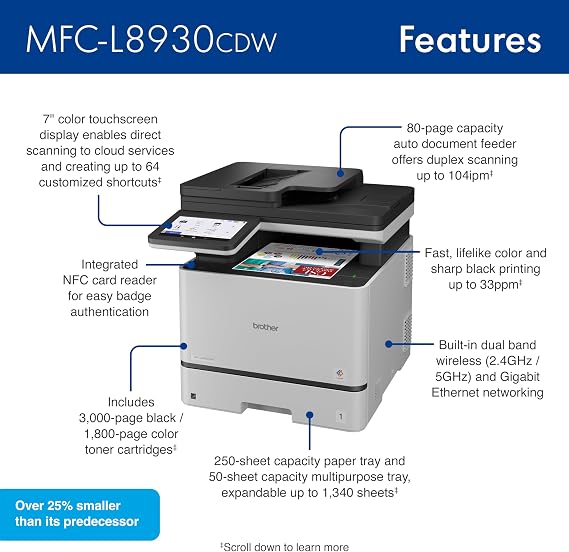 Brother MFC-L8930CDW Business Color Laser All-in-One Printer with Duplex Print, Scan, Copy, Low-Cost Printing, and Advanced Security Features | Color Laser Mfp, Duplex Print and Scan, 7 Touchscreen, 250 Plus 50-Sheet, Dual-Band WI-FI and Gige, Includes Toners