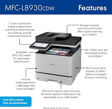 Brother MFC-L8930CDW Business Color Laser All-in-One Printer with Duplex Print, Scan, Copy, Low-Cost Printing, and Advanced Security Features | Color Laser Mfp, Duplex Print and Scan, 7 Touchscreen, 250 Plus 50-Sheet, Dual-Band WI-FI and Gige, Includes Toners
