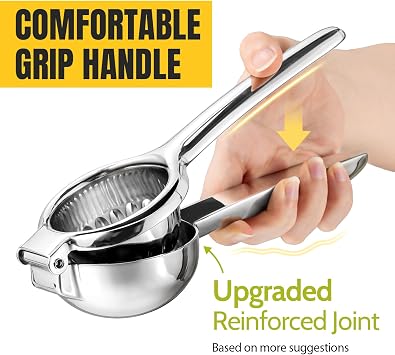 Lemon Squeezer Stainless Steel, Effortless Juicing, Good Grip, Larger Bowl | 10%-20% Higher Juice, Seedless Juicing, Dishwasher Safe, Commercial Grade, Ideal for Cooking, Drinks, Salad Dressing Prep