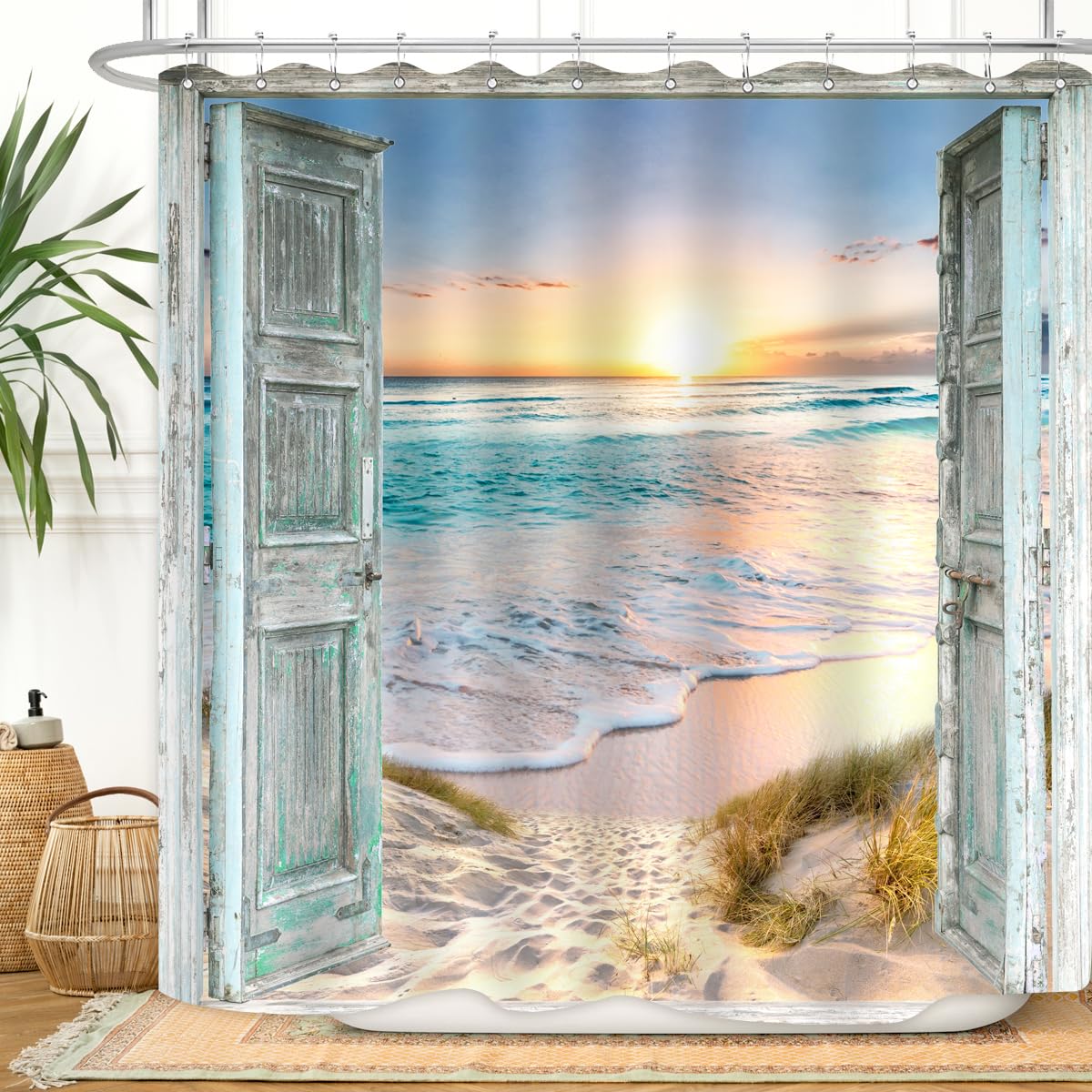 Coastal Shower Curtain – Ocean Sunrise Beach Scene – Waterproof Polyester 72x72 Inches With Hooks - View #14