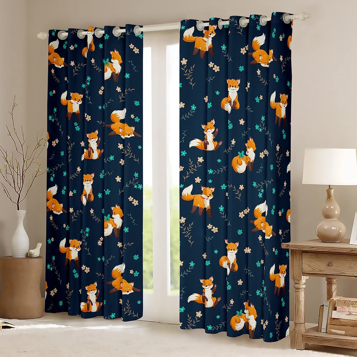 Loussiesd Fox Blackout CurtainKids Cute Woodland Foxes Curtain Boys Girls Floral Kawaii Animal Darkening Curtain Nature Window Drapes Dark Blue Bedroom W46*L54 - Image 2
