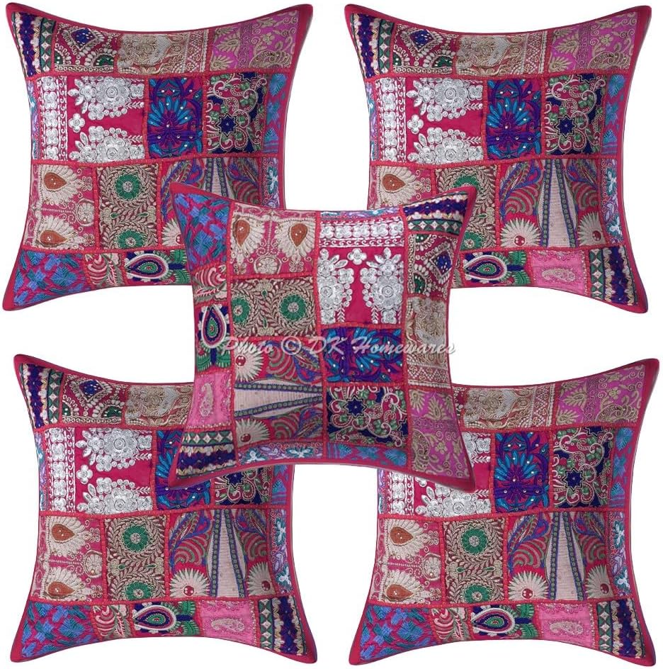 Indian Throw Pillow Covers 16 Inch Cotton Vintage Patchwork Ethnic Square Embroiderded Cushion Covers (Size - 40x40 cm ; Color: Dark Pink) - Set of 5 Pcs (Cover Only)