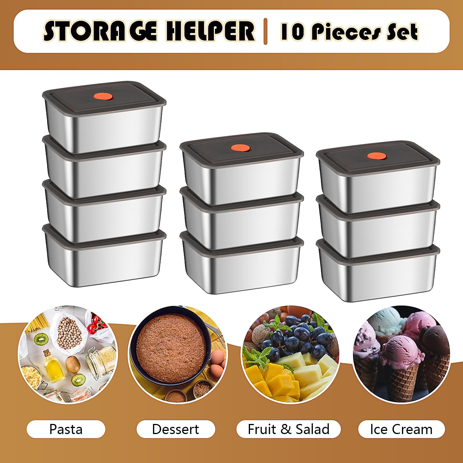 Confezione da 10 contenitori per alimenti in acciaio inox, 590 ml, con coperchi ermetici, contenitori in metallo, impilabili, riutilizzabili, per Bento Pasti, Preparazione lavabile in