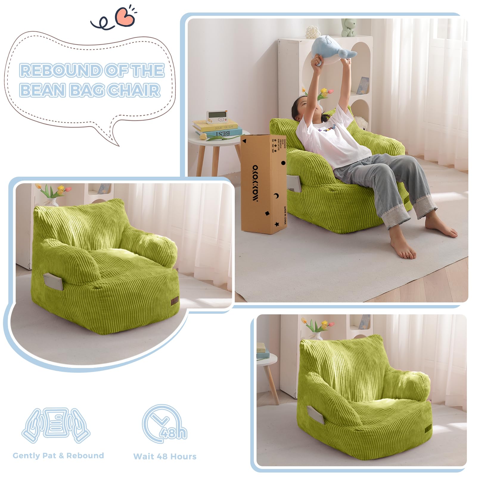 MAXYOYO Sitzsack Kinder Cord mit Füllung, Sitzsäcke Mädchen Jungen, Bodenstuhl mit Tasche, Bean Bag Sofa für Schlafzimmer