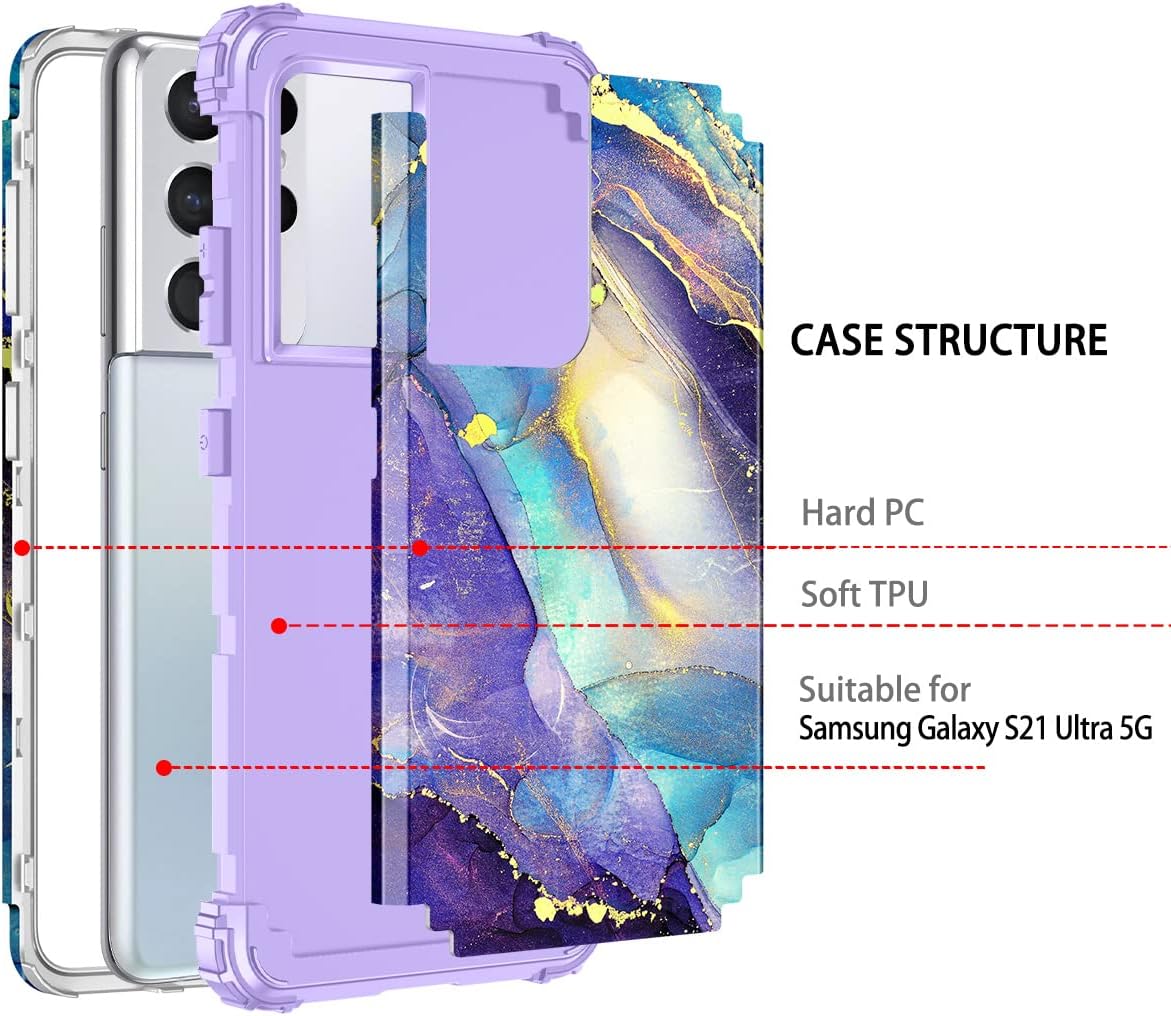Rancase for Galaxy S21 Ultra 5G Case,Three Layer Heavy Duty Shockproof Protection Hard Plastic Bumper +Soft Silicone Rubber Protective Case for Samsung Galaxy S21 Ultra 5G 6.8 inch,Purple