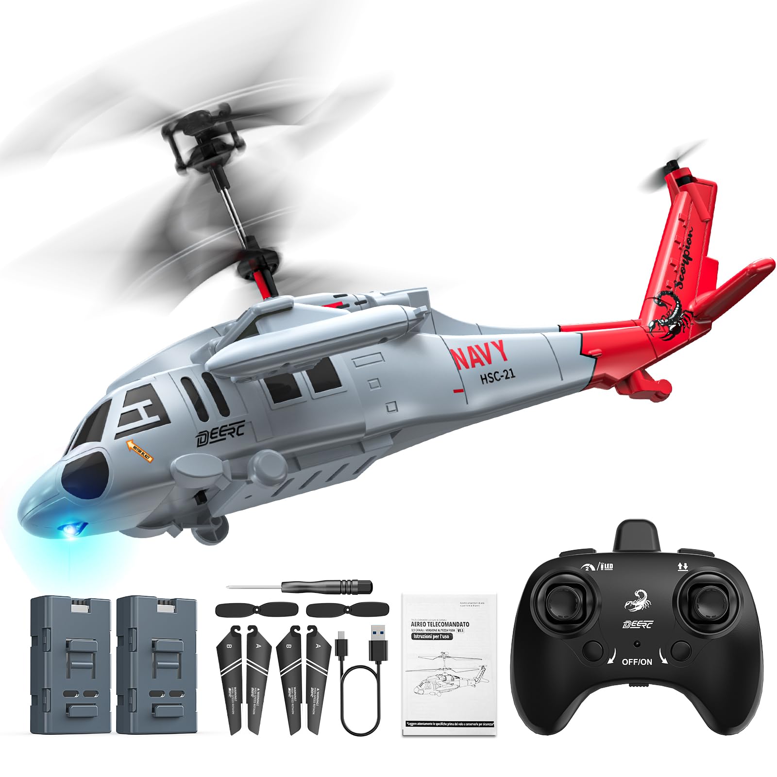 DEERC - Helicóptero teledirigido 2,4 GHz, 2 baterías incluidas, 26 minutos de vuelo, fácil despegue, iluminación LED, mantenimiento de altitud, juguete interior para niños y adultos