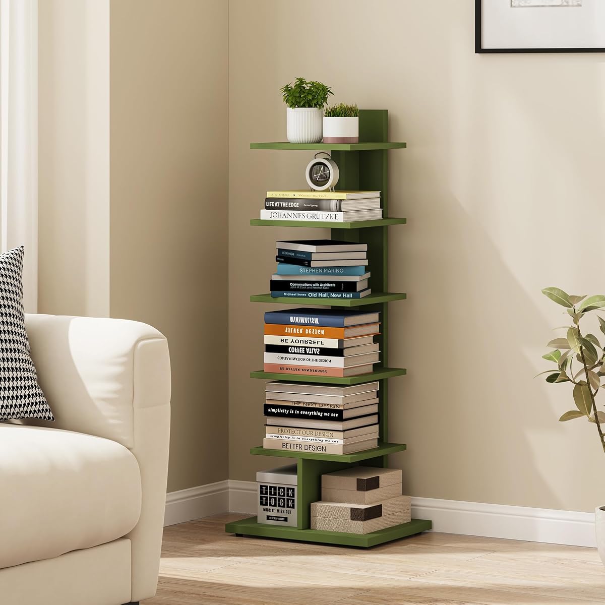 TUTOTAK Book Shelf, Narrow Spine Bookshelf, 6-Tier Bookcase for Small Space | 10.4 x 13.4 x 41.3 Inches Vertical Freestanding Corner Shelf for Living Room, Office, Study, Entryway, Olive Green BS06BOG016