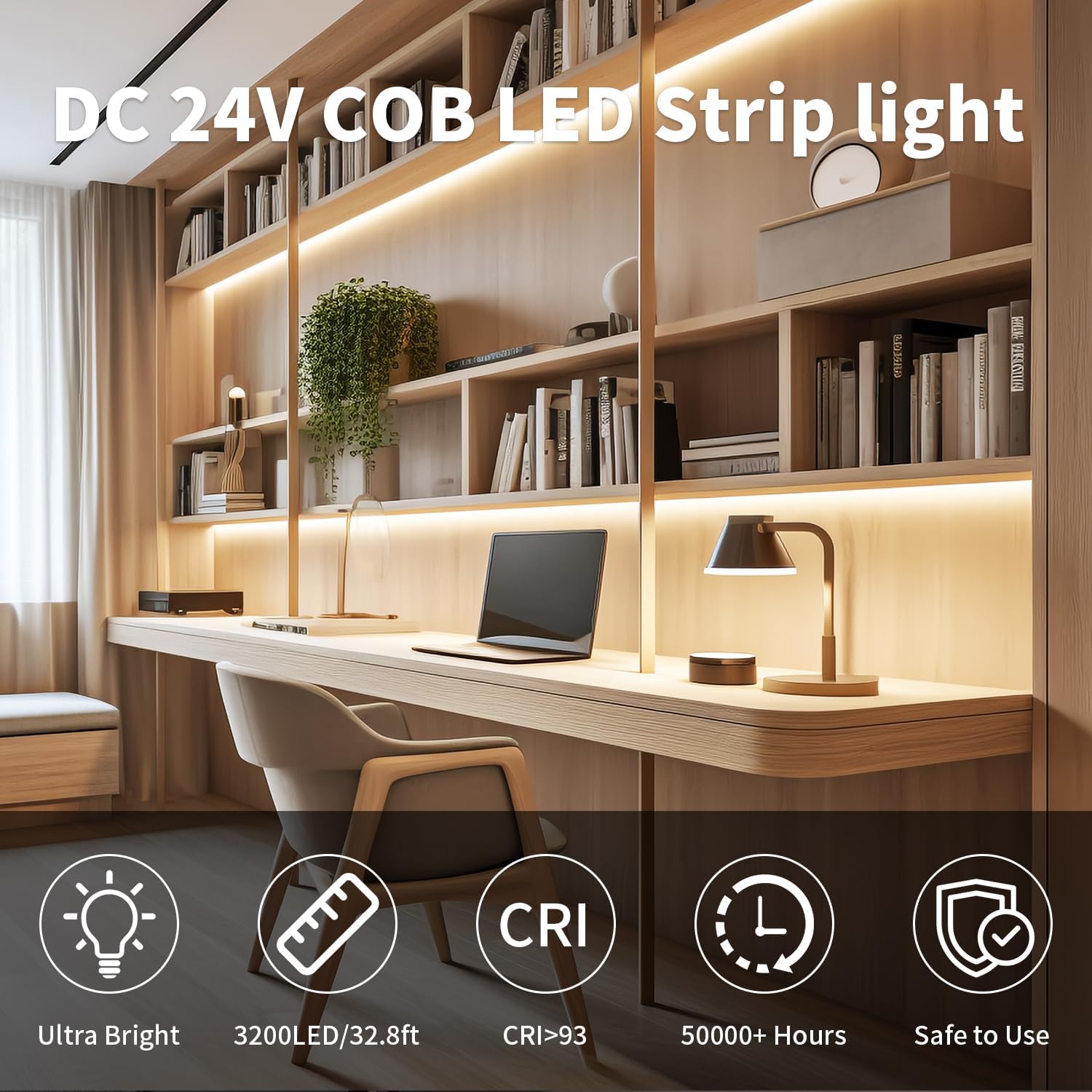 24V COB LED Strip Warmweiß, 10M LED Streifen Dimmbar CRI93+ | Breite 8mm Flexibel Schneidbar LED Strip Light für TV Hintergrundbeleuchtung Küche Schlafzimmer Deko (mit Netzteil)