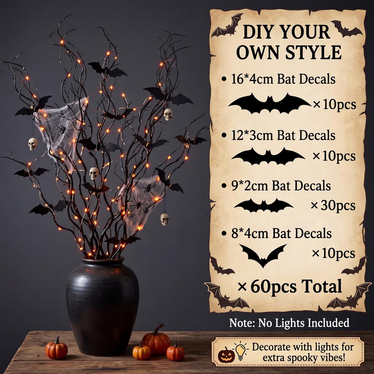 Thiccywoov 73 Pcs Halloween Wall Decor Willow Branches 38 Inch Bat Sticker