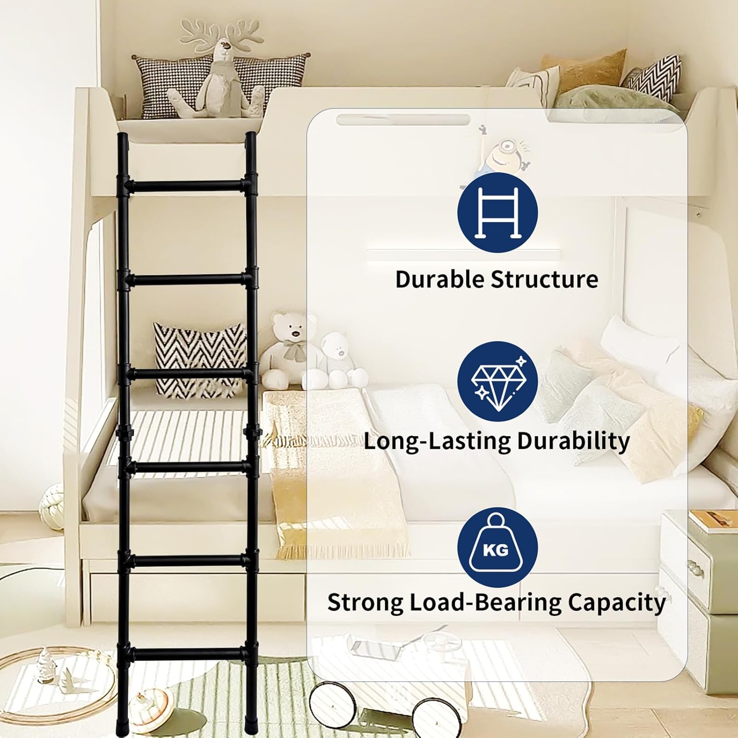 RV Bunk Bed Ladder, Heavy Duty with Hooks - for Dorm College Room, Camper, Travel Trailers, Loft/Lofted Beds, Top Bunkbed Replacement Only