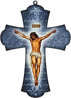 Needzo Navy Crucifix Lasered Wooden Wall Cross, Religious Prayer Hanging Home Decor, Catholic Decorations Reminder Of Faith, 8 inches