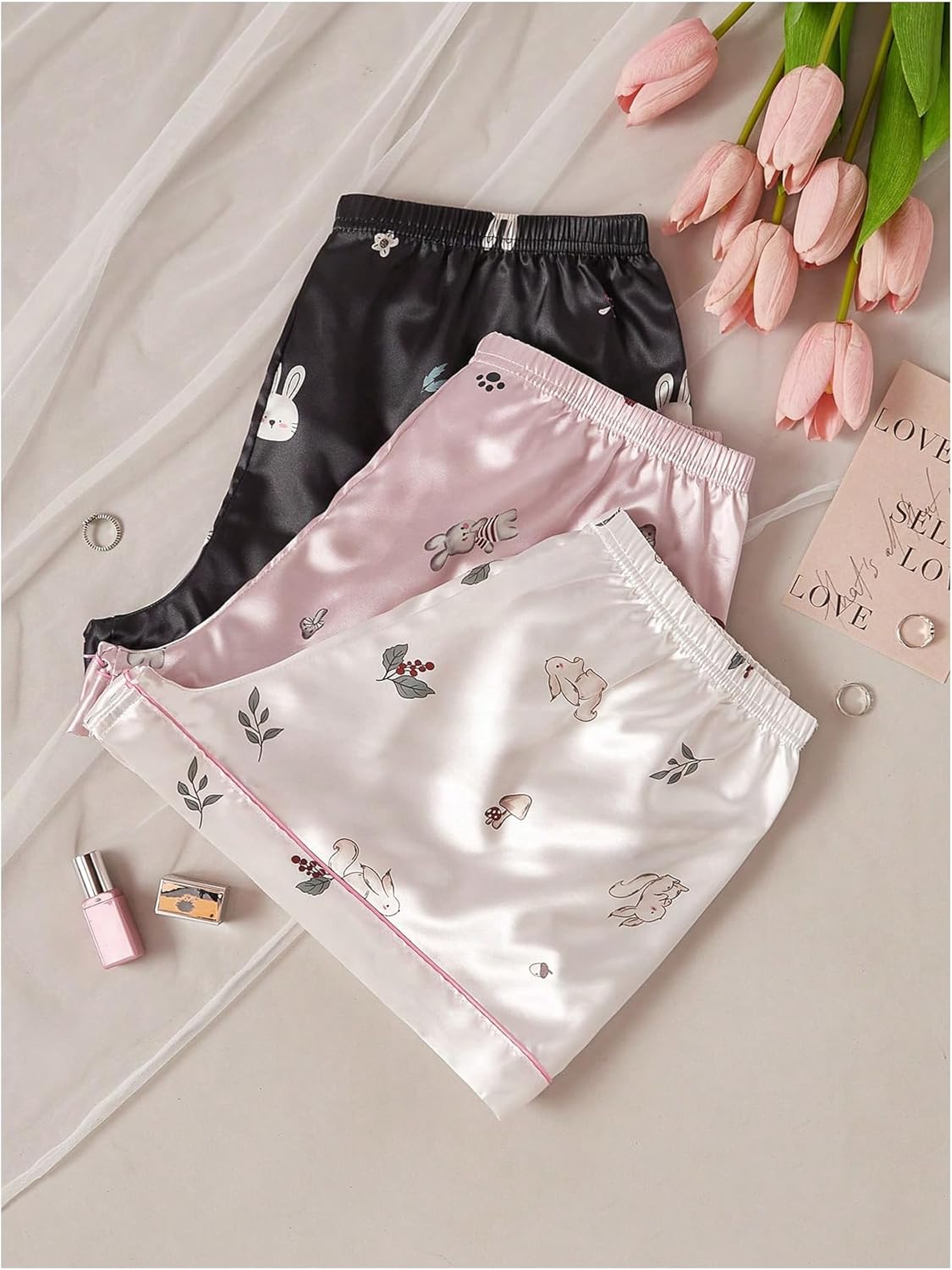 GORGLITTER Women's 3 Piece Satin Pajama Sleep Shorts Cute Soft Floral Print Christmas Lounge Pj Shorts - Image 6