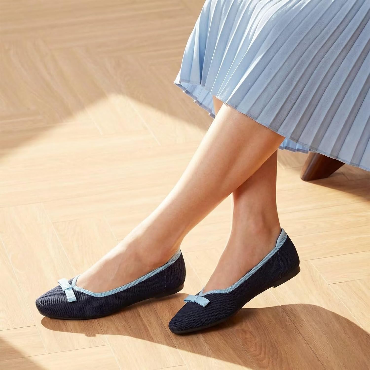 Frank Mully Ballet Flats for Women Dressy Squared Toe Knit Flat with Bowknot Casual Comfortable Slip-On Work Business Shoes for Daily Casual