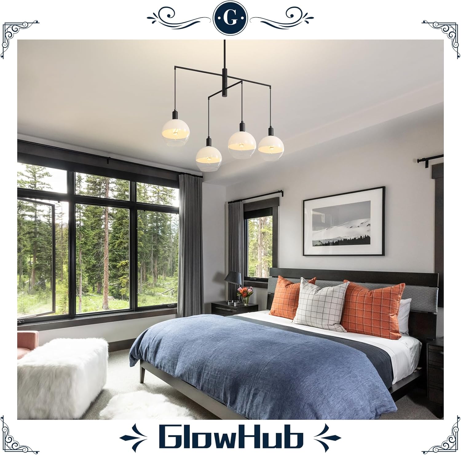 GlowHub Modern Glass Chandelier Milk White Glass Globe Chandelier, Black Lagre 30" 4-Light Pendant Light Mid-Century Cluster Ceiling Hanging Light Fixture for Dining Room Entryway Kitchen