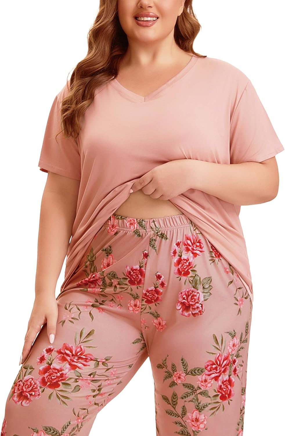 Plus Size Pajamas for Women Set, Womens Short Sleeve Tops and Long Pants Soft Pjs Lounge Sets with Pockets - Image 4