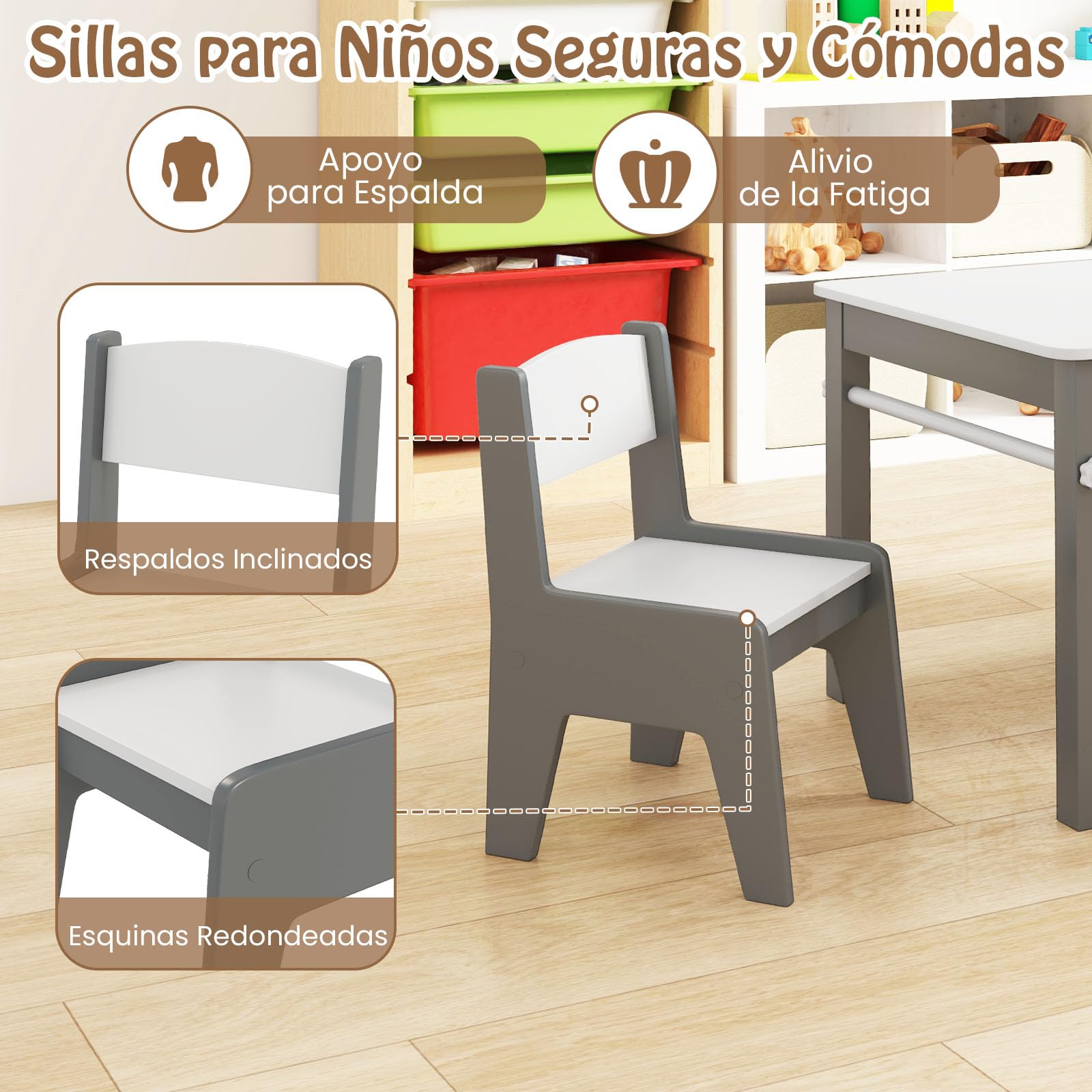 COSTWAY Juego de Mesa y Sillas para Niños, Escritorio de Dibujo con 2 Sillas, Rollos de Papel y Soporte para Papel, Compartimentos y Estantes Abiertos,4 Cestas,Mesa de Actividades para Niños (Gris)