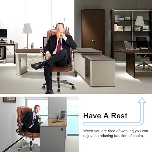 Miniatura 9 de Silla de oficina de cuero marrón con brazos abatibles, sillas de oficina ejecutivas ergonómicas de respaldo alto con ruedas, silla de escritorio de