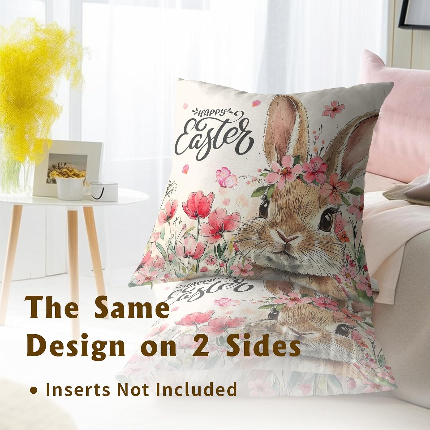 Happy Easter Throw Pillow Covers 18x18 Inch Set of 2, Cute Bunny Spring Tulip Flowers Holiday Decor Square Pillowcases Cotton Cushion Cover for Couch Sofa Patio Garden Bedroom image 5