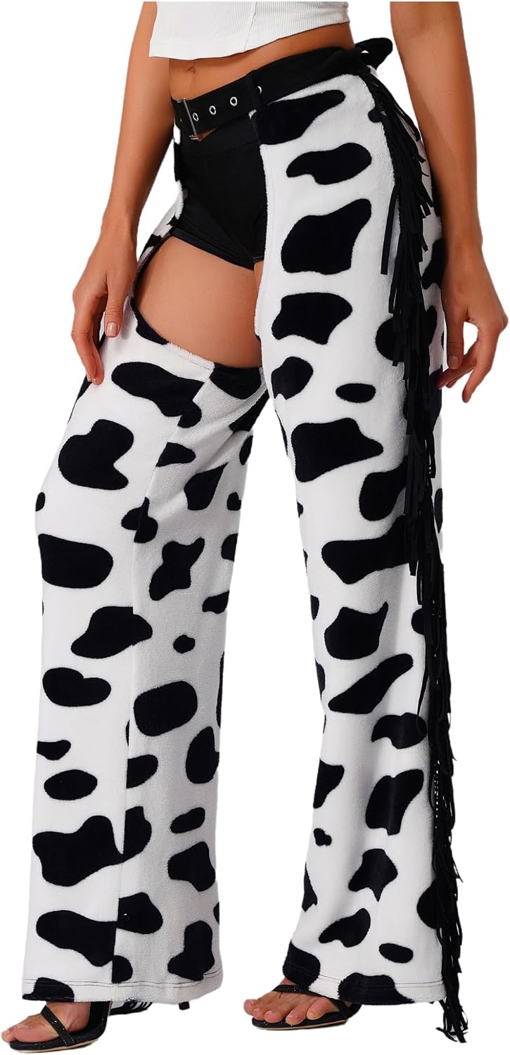 Lejafay Womens Cowboy Chaps Cow Print Trousers Halloween Western Chaps Biking Riding 60s 70s Outfits