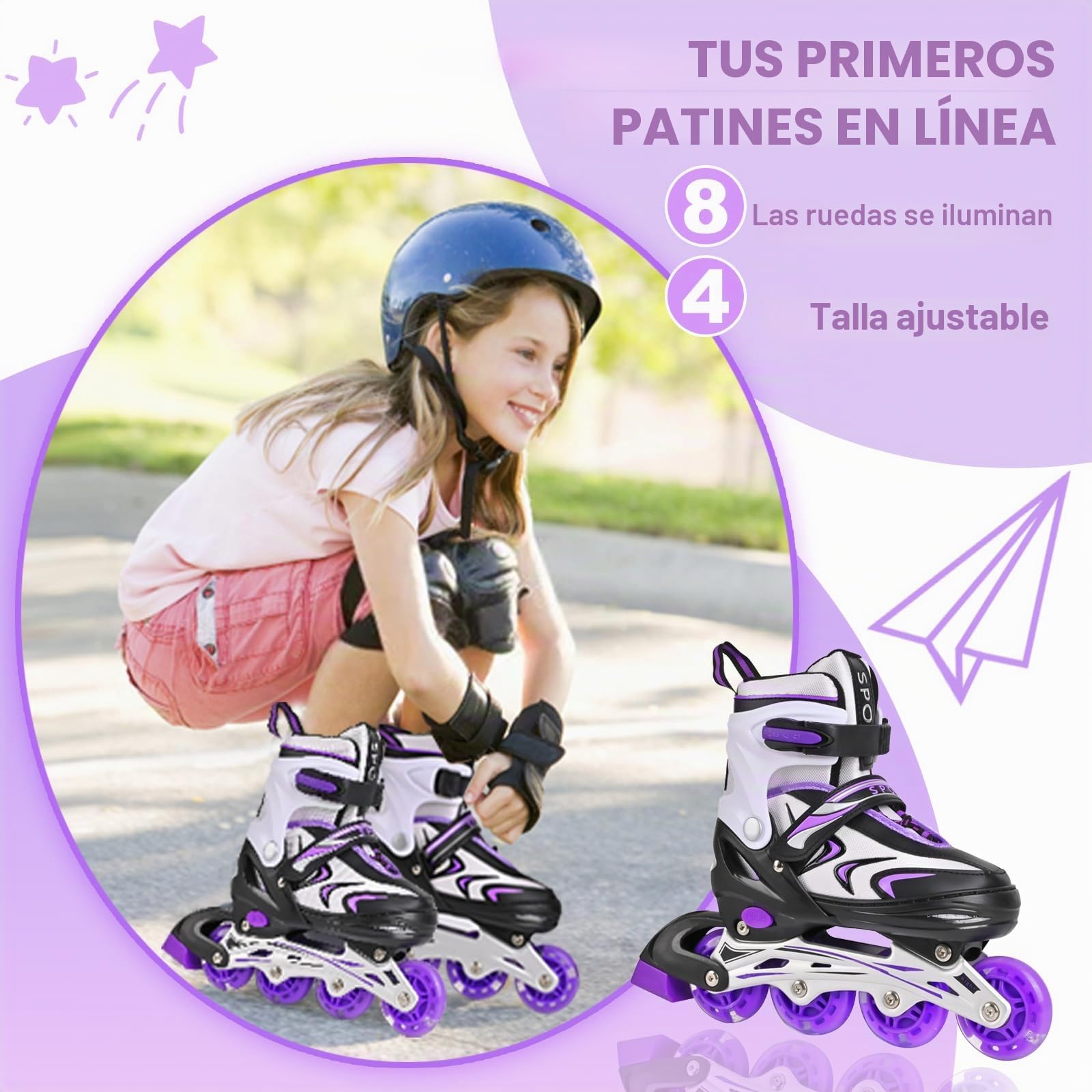 Patines en línea Ajustables para niños y niñas, Patines en línea para niños, Patines en línea para niñas y niños para Uso en Interiores y Exteriores (Negro y Morado, M)