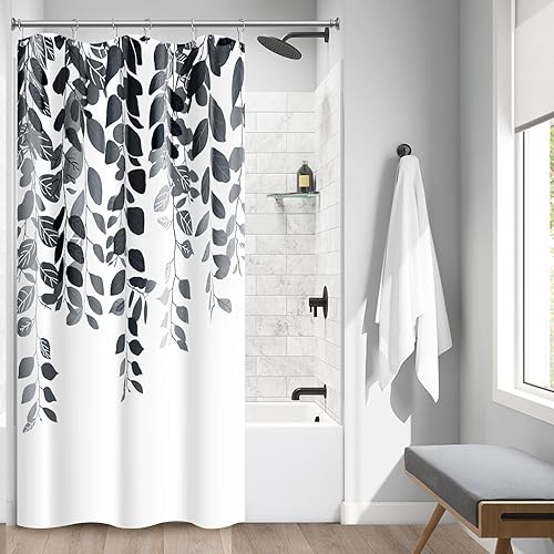 BOODII Cortinas de ducha negras de 36 x 72 pulgadas, cortina de ducha de eucalipto de primavera para baño, cortina de baño con textura de flameado,