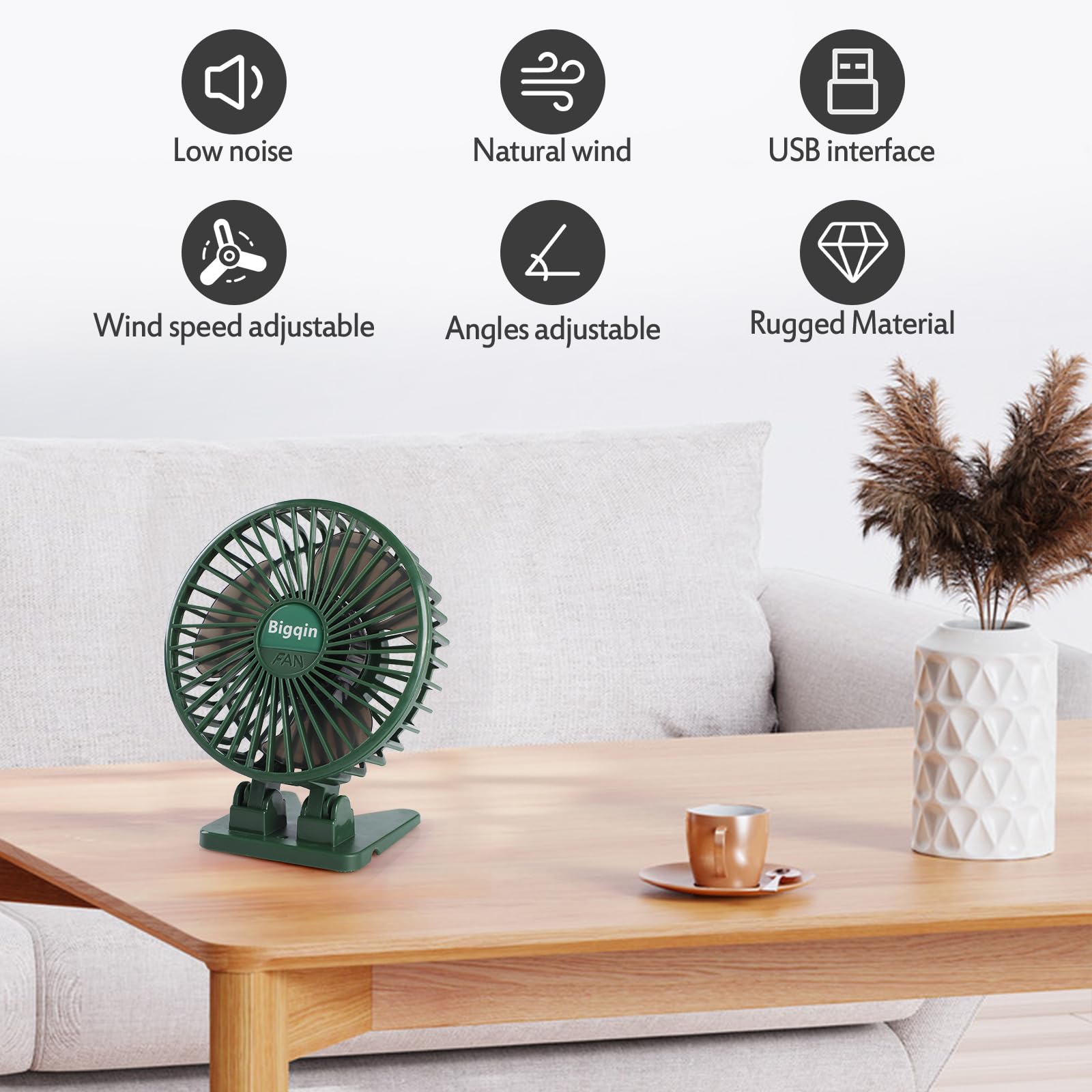 Bigqin Mini Ventilatore Portatile, Ventola Silenziosa USB, 3 velocità in un Pulsante, Piccolo Ventilatore Potente, Mini Ventilatore ad Angolo Regolabile per Tavolo da Ufficio,Verde Militare