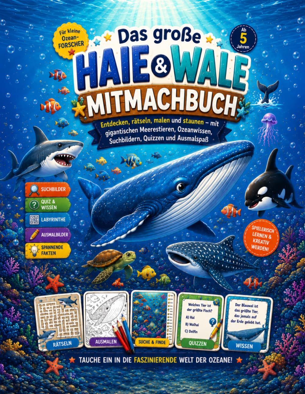 Das große Haie und Wale Mitmachbuch: Entdecken, rätseln, malen und staunen – mit gigantischen Meerestieren, Ozeanwissen, Suchbildern, Quizzen und Ausmalspaß