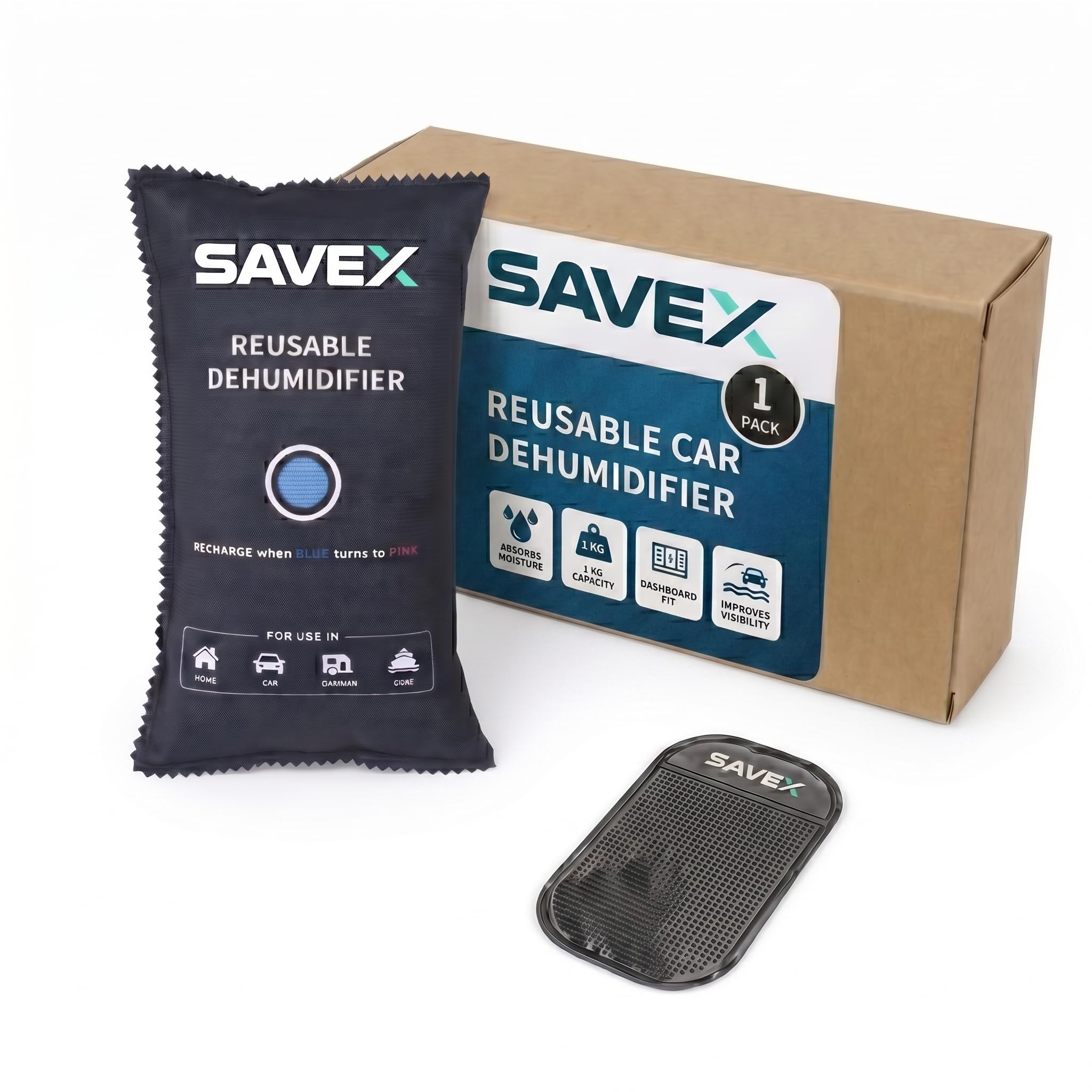 SAVEX 1KG Car Dehumidifier Bag, Reusable Silica Gel with Anti-Slip Pad