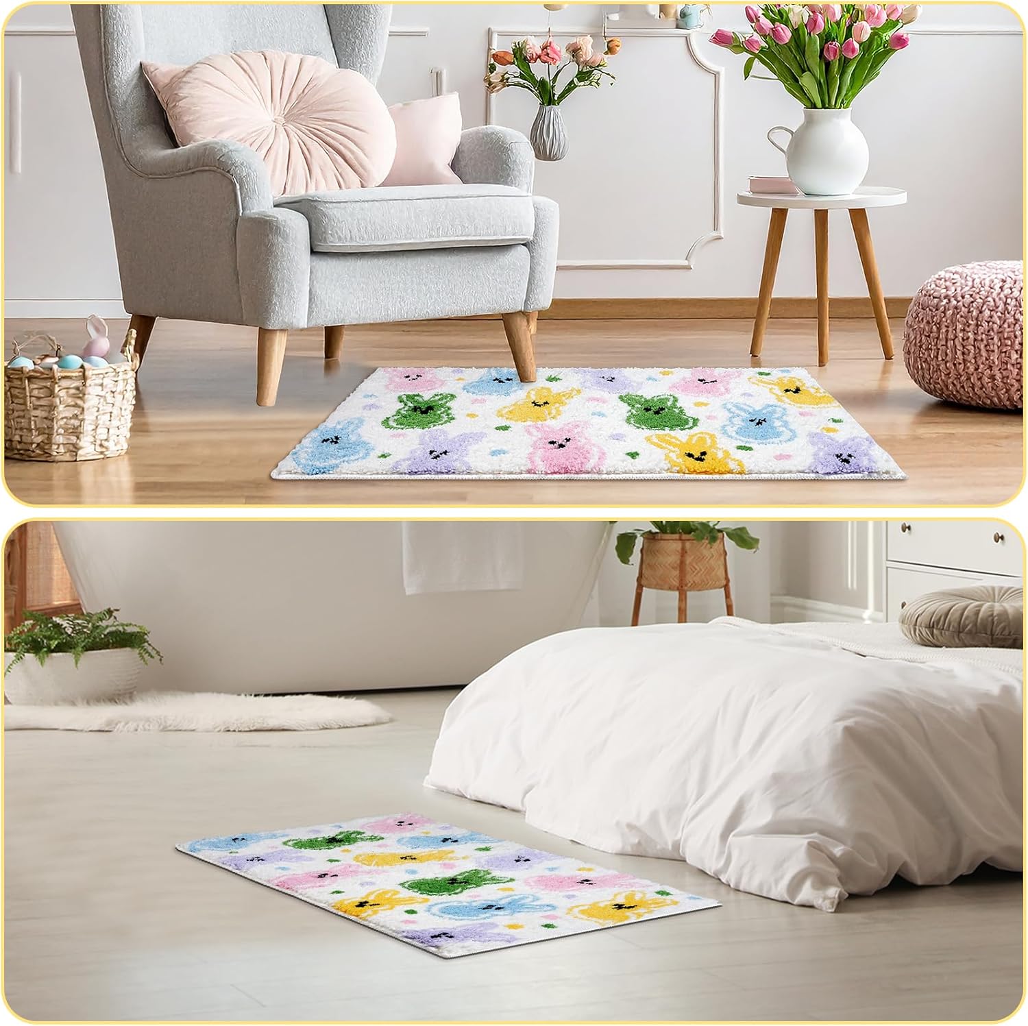 Shemilly Easter Bath Rugs,Colorful Bunny Soft Absorbent Rug Non Slip Washable Bathroom Mat for Easter Holiday Home Decor Indoor Bathroom,20x32 Inch