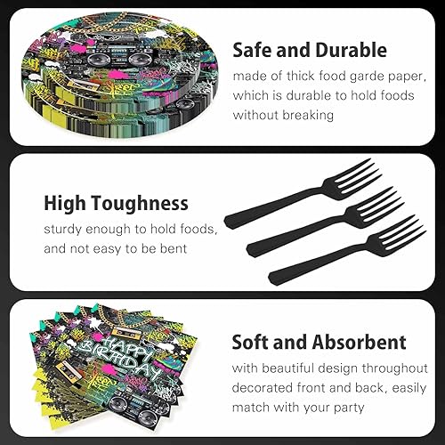 Miniatura 3 de Juego de 96 piezas de vajilla de fiesta de cumpleaños de pared de ladrillo de graffiti, hip hop, 80, 90, cumpleaños, platos de papel desechables y