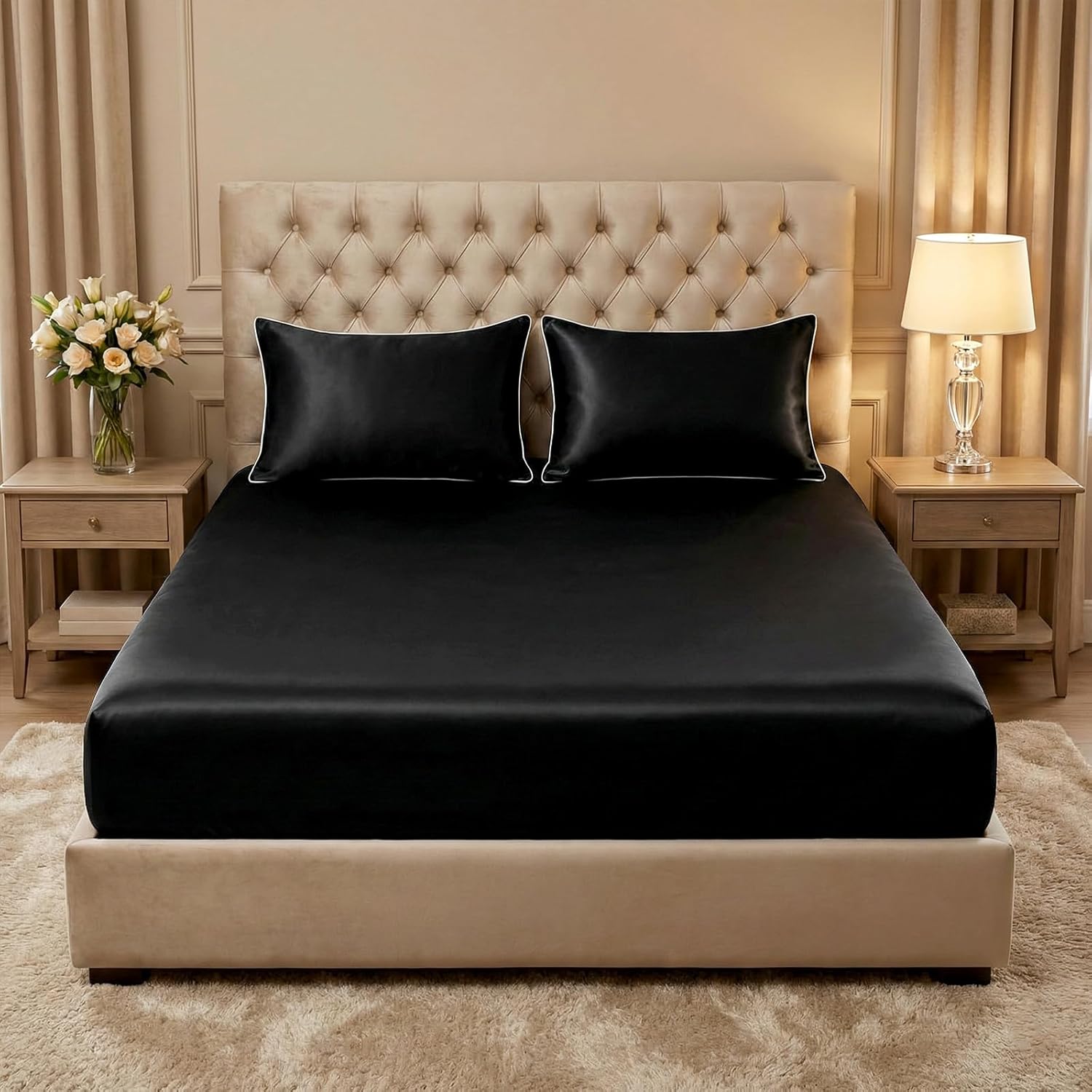 Thmyo Satin Bed Sheet Set,Extra Soft Deep Pocket Silky Satin Sheet Set with 1 Fitted Sheet +1 Flat Sheet + 2 Pillow Cases (4-Piece Black, Queen)