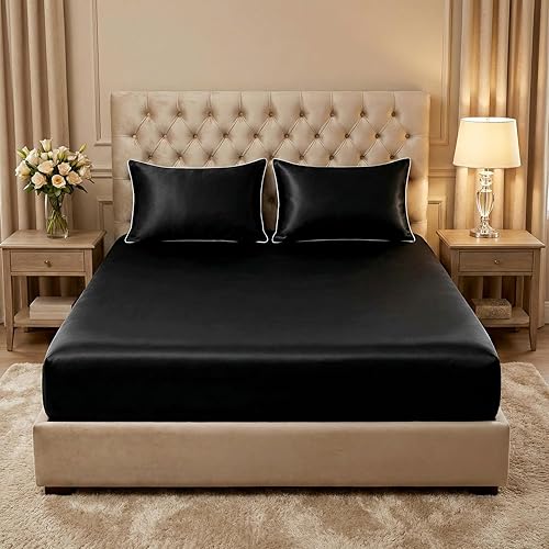 Miniatura 6 de Juego de ropa de cama de satén de 3 piezas, sábana bajera ajustable de satén con fundas de almohada, suave, cómoda, hipoalergénica y transpirable (1