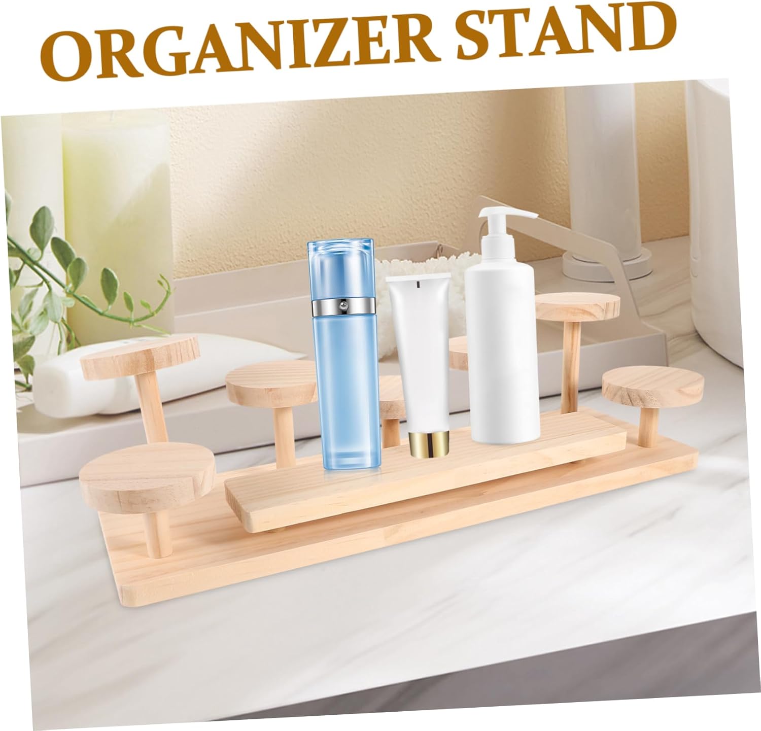 MERRYHAPY Elegant Wooden Perfume Display Stand Cosmetics Shelf Makeup Organizer Skincare Display Desktop Riser