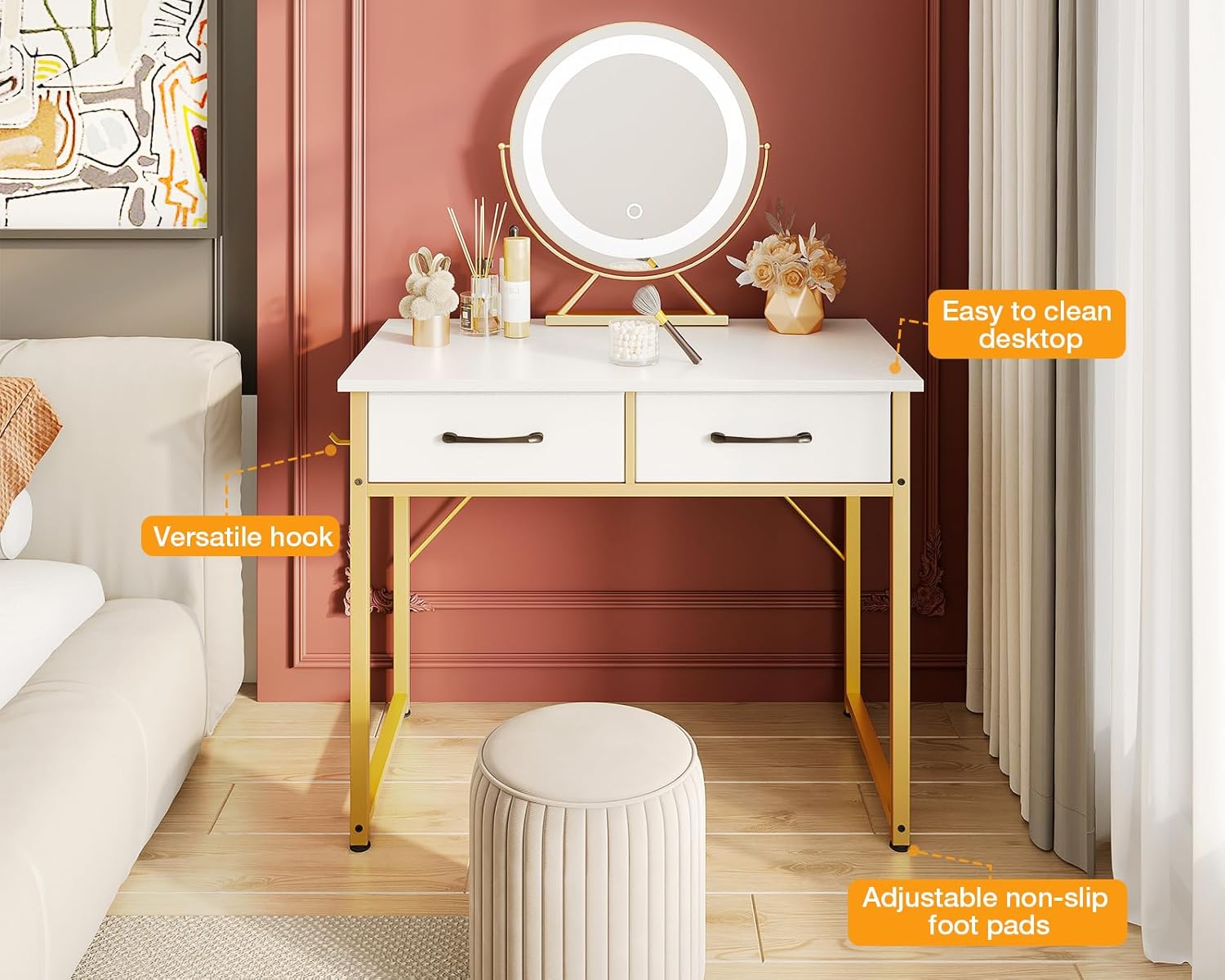 ODK Makeup Vanity Desk with 2 Fabirc Drawers, 32 Inch Small White Dressing Vanity Table with Versatile Hook for Bedroom Without Mirror, Desk Make Up for Girls, White and Gold