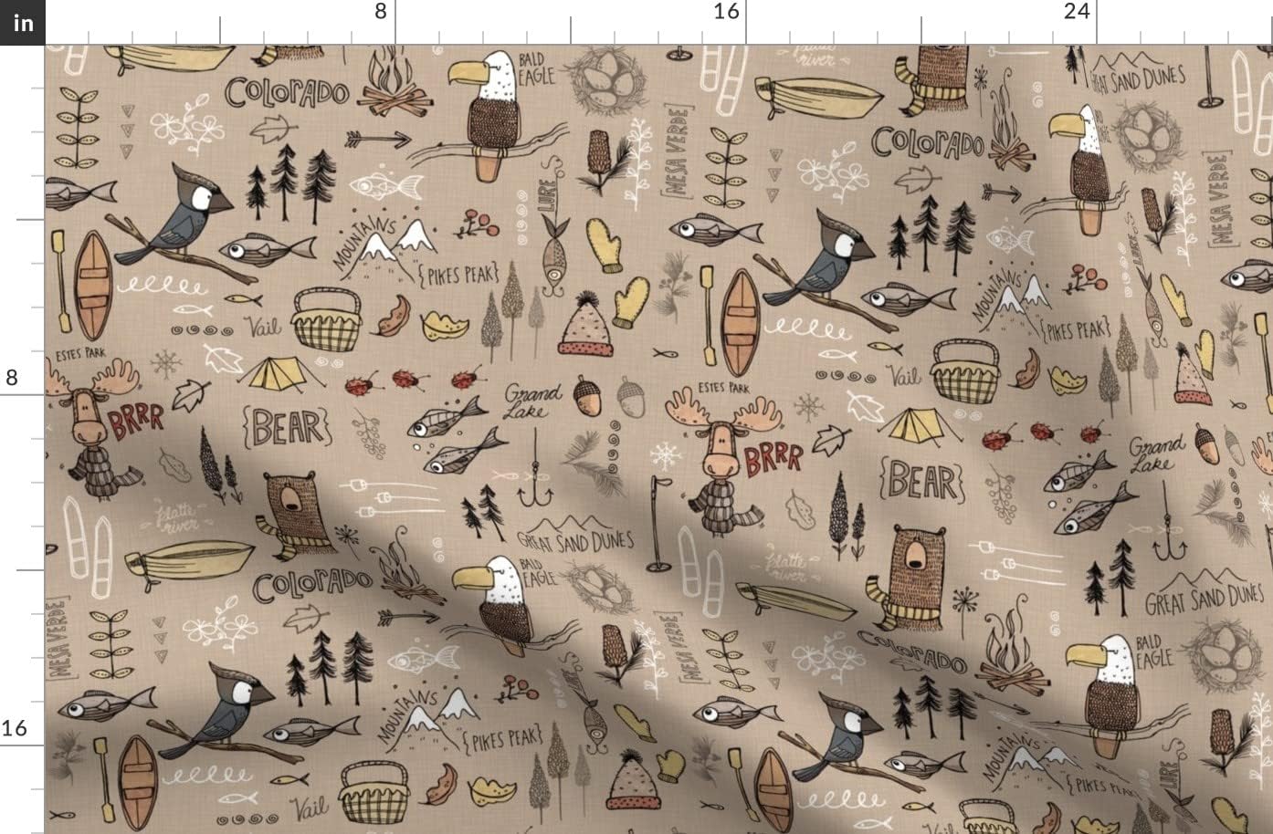 Spoonflower Fabric - Colorado Brown Bear Nature Fish Bird Mountains Printed on Organic Cotton Sateen Fabric by The Yard - Sewing Quilting Apparel Home Decor