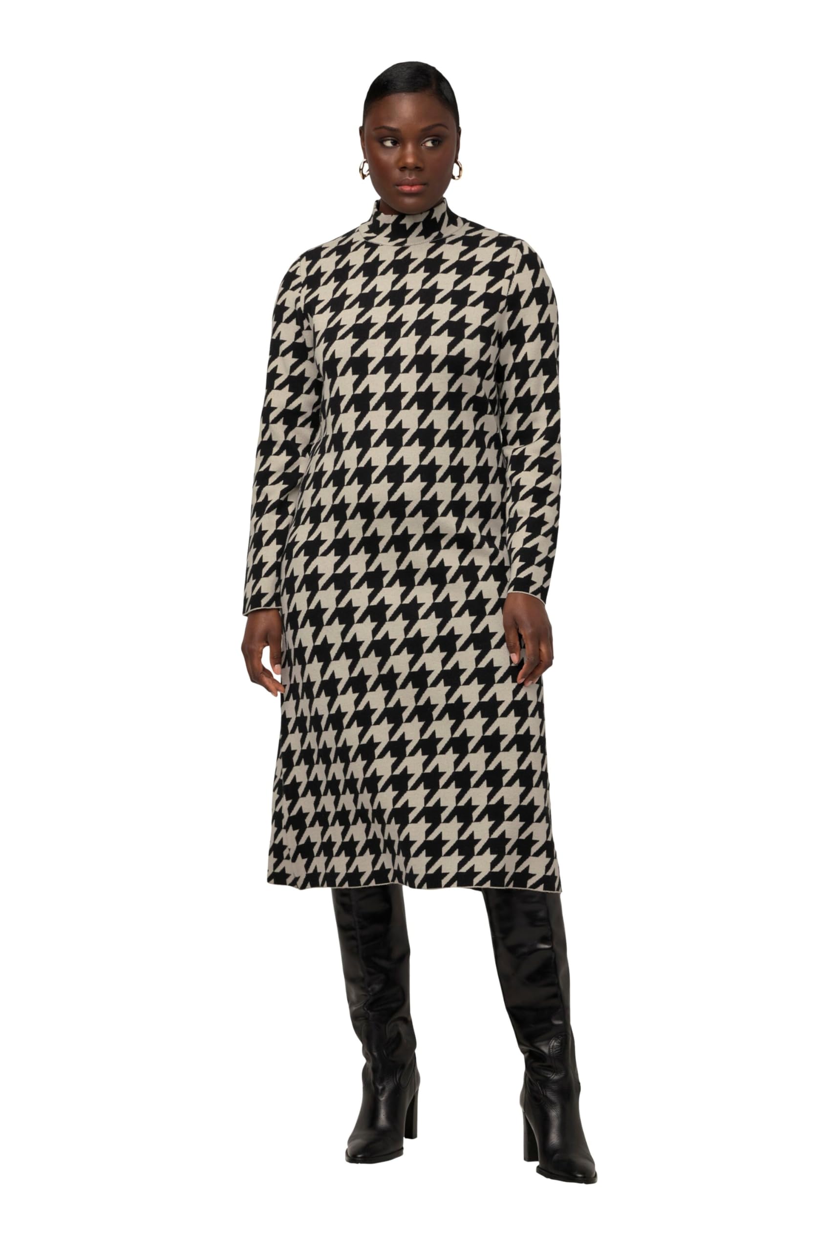 Ulla Popken Damen große Größen Übergrößen Plus Size Strickkleid, Hahnentritt, Stehkragen, Langarm, Midikleid 820968