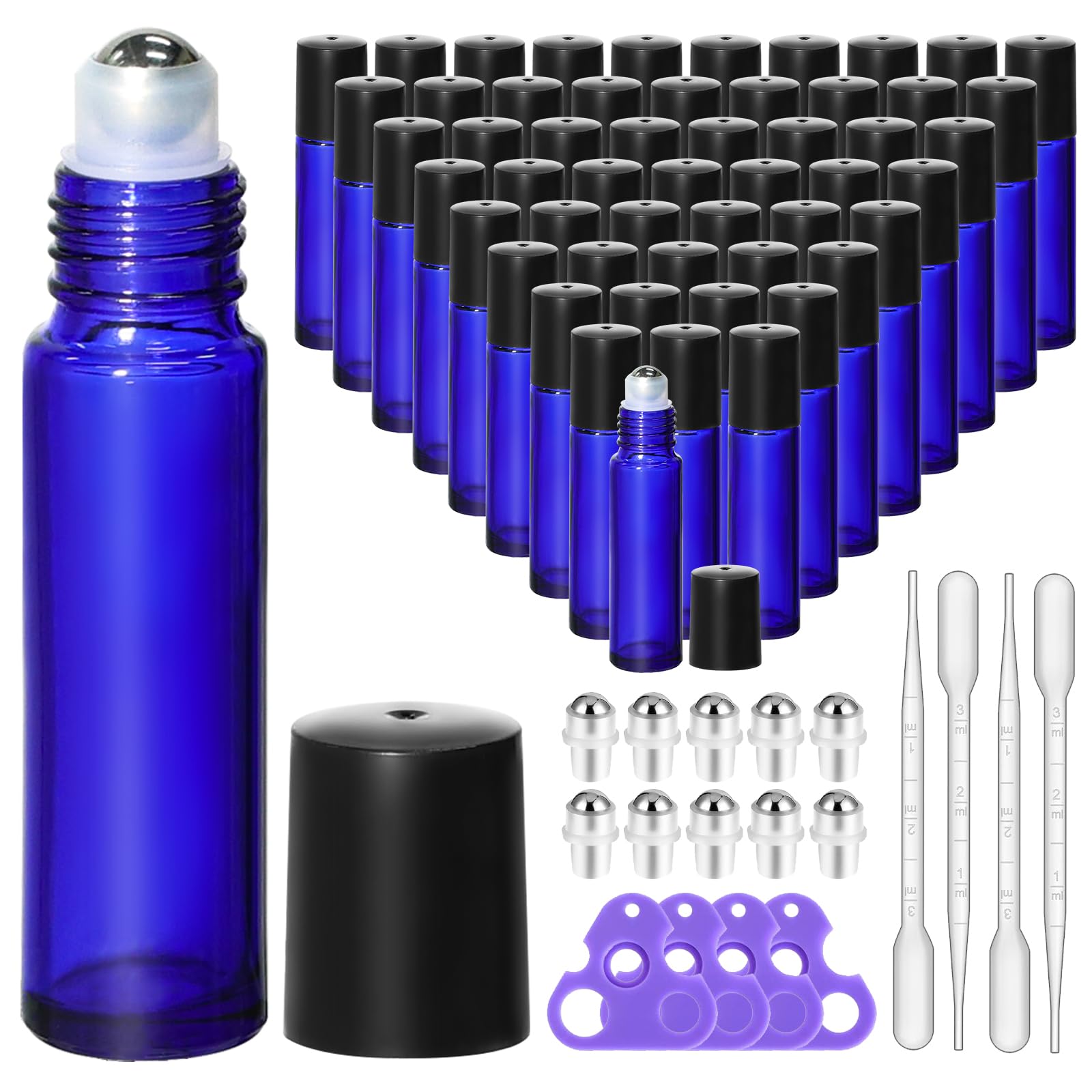 KEYWING 54 Pack Blue Essential Oil Roller Bottles – 10ml Glass Roll-On Bottles with Stainless Steel Roller Balls & Caps, Refillable Perfume Containers