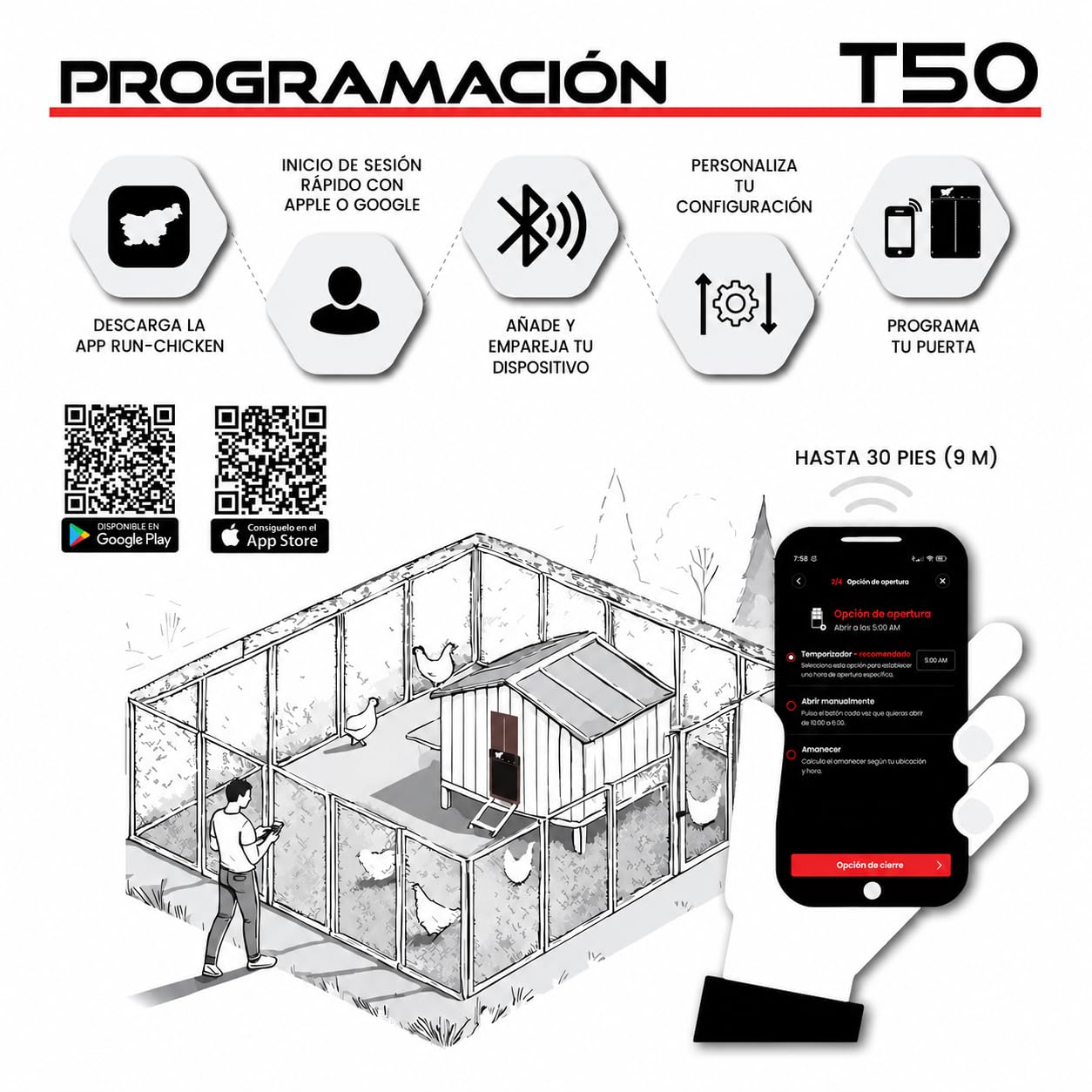 Run‑Chicken Door T50 Brown – Puerta automática marrón para gallineros, Funciona con Pilas AA, Control por App, Sensor de luz, Temporizador con retardo y Aluminio Resistente para Exteriores