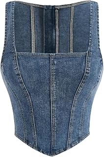 Women's Square Neck Sleeveless Zip Back Asymmetrical Denim Tank Crop Top